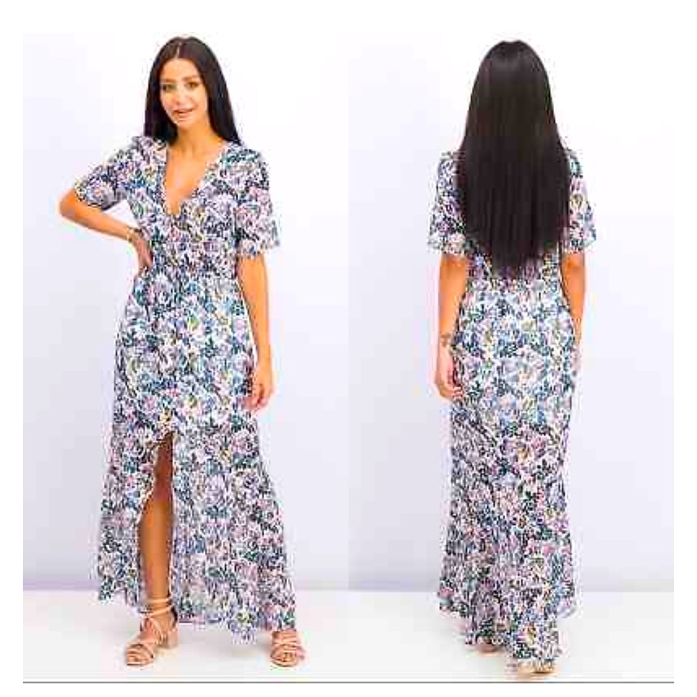 BCBGeneration Blue Floral Print In Whisper White Multi Casual Maxi Dress